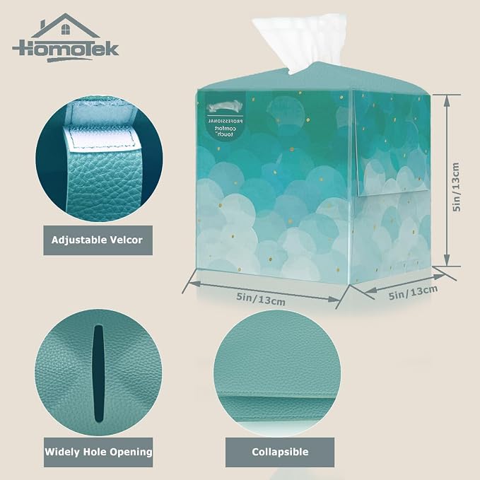HOMOTEK 2 Pack Tissue Box Cover, Square PU Leather Tissue Holder, Decorative Facial Tissue Cube Paper Organizer Dispenser for Bathroom, Night Stands, Desk, Car 5X5X5'' - Aqua Blue, Pebble Grain - Image 2
