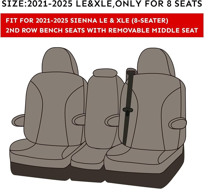 Car Seat Covers Custom Fit for 2021-2026 Toyota Sienna LE,XLE (8-Seater) Van,2nd Row Bench w/Removable Middle Seat,Breathable UV-Resistant Polyester Seat Protector (Full Set,Gray) - Image 2
