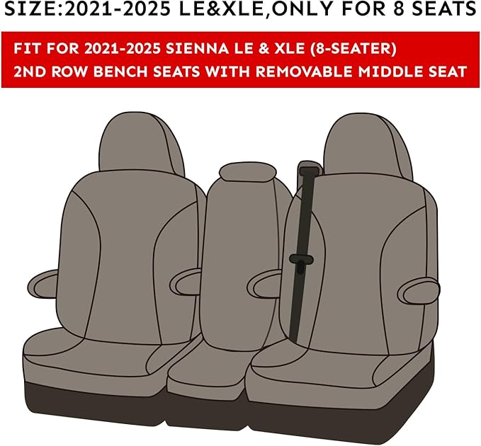 Sienna Seat Covers Custom Fit for 2021-2026 Toyota Sienna LE/XLE (8-Seater),2nd Row Bench w/Removable Seat,Breathable UV-Resistant Polyester Car Seat Protector (Full Set,Black) - Image 2