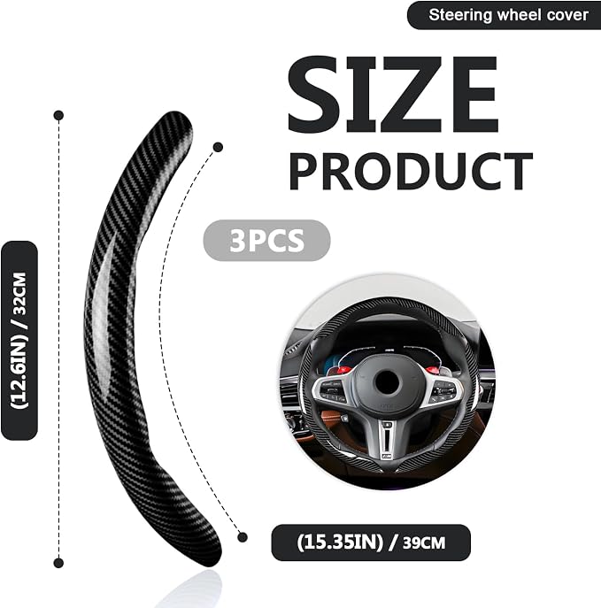 3pcs Universal Carbon Fiber Steering Wheel Cover - Anti-Slip & Segmented Design, Universal 99% Durable Steering Wheel Protector for Men and Women, Car Interior Accessory (Black) - Image 2