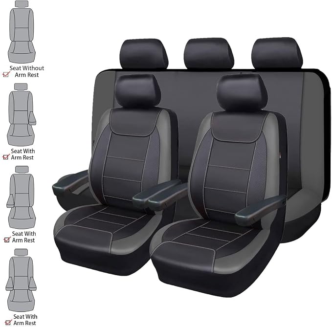 Flying Banner car seat Covers Protects Water Proof Faux Leather Carbon Fiber Front and Rear Bench (Black Gray, Full Set - 8PCS) - Image 2