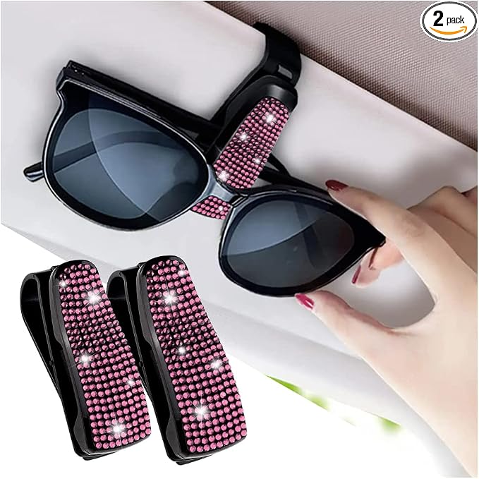 Set of 2 Bling Rhinestone Car Sun Visor Glasses Holders with Anti-Scratch Sponge,Car Decoration for Women Girls,Ticket Card Clip Visor Organizer,Universal Rhinestone Auto Accessories (Pink) by Turcee