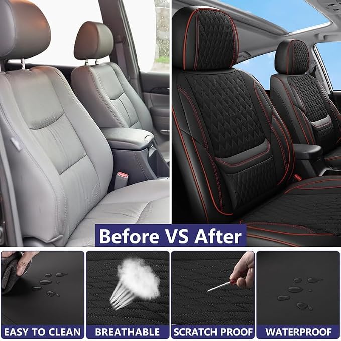 Front Seat Covers Fit for Toyota Highlander 2001-2026, Black&Red | Lumbar Support, Luxury Faux Leather, Breathable, Anti-Slip, Airbag Compatible, Waterproof, Car Seat Protectors, 1 Row 2 Seats - Image 4
