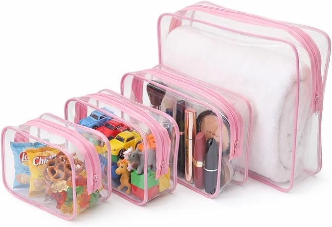 Buminee Clear Toiletry Bag, TSA Approved Travel Toiletry Bag, Water Repellent Carry-on Cosmetic Bag for Women & Men, Airline Compliant Shower Bag for Travel Accessories - 4 Pack Pink Single Zipper by Buminee