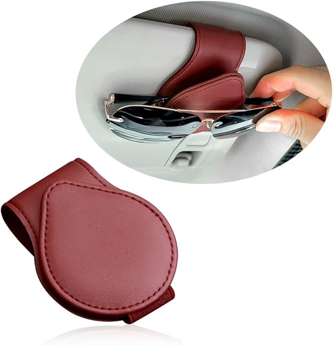 OFBAND Magnetic Sunglass Holder for Visor, PU Leather Car Organizer, Universal Accessory (Wine Red) by OFBAND