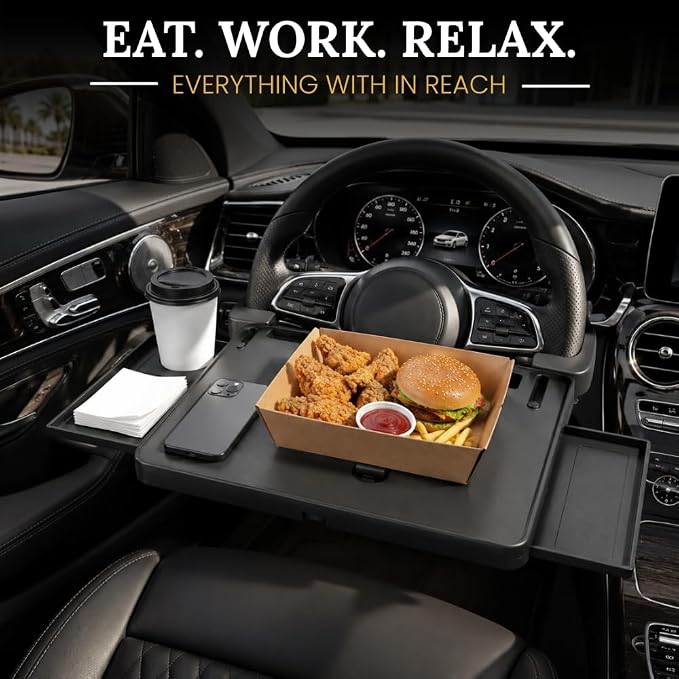 3-in-1 Steering Wheel Tray, Car Desk for Laptop, Food Tray for Eating & Work, Adjustable Car Table with Drawer & Anti-Slip Design, Multipurpose Travel Car Accessories - Image 2