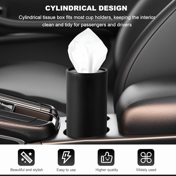 DXNQ 4 PCS Car Tissues Holder, Car Cup Holder Refillable Travel Tissues Tube with Facial Tissues, Portable Cylinder Round Tissue Boxes Container Decor for Car Office Home (Black) - Image 4