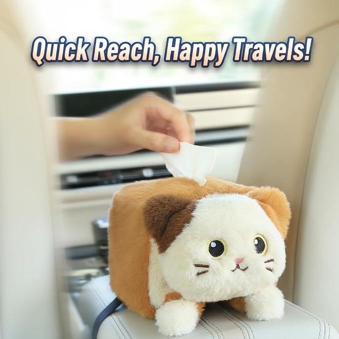 Drivers Cute Plush Animal Car Tissue Box Holder, Vehicle Console Napkin Dispenser, Secure Strap, Easy Refill, Tidy Ride, All-Season - Image 2