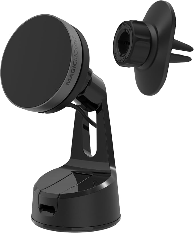 Scosche Qi2 Wireless MagSafe Car Mount Charger, 15W Magnetic Suction Cup Windshield/Dashboard Cell Phone Holder with Vent Clip & Fast USB-C Car Charger Compatible with Apple iPhone 16/15/14/13/12, S25 by Scosche