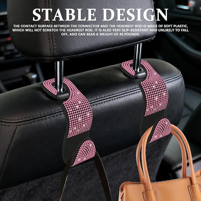 Car Seat Headrest Hook, Automotive Seat Back Organizers, 2PCS | Bling Rhinestone Headrest Hooks with Universal Design, Car Interior Accessories for Holding Handbags Clothes Purses Bottles - Image 3