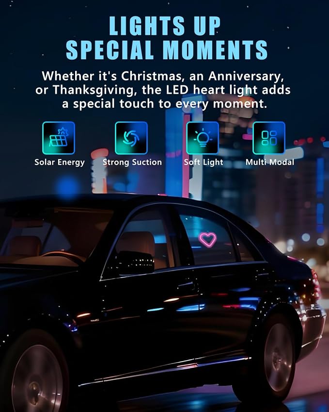 Car LED Ambient Light for Thanksgiving, Car Triangle Window Solar-Powered Heart Shaped Atmosphere Light with 5 Switchable Lighting Modes, Romantic Car Interior & Outdoor Decor (Pink, 1pcs) - Image 2