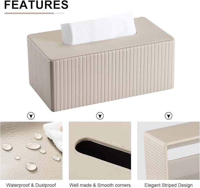 KINGFOM PU Leather Tissue Box Cover Rectangular Tissue Box Holder with Magnetic Bottom, Napkin & Facial Tissue Holder Dispenser for Home, Office for Standard 120-count/160-count (2-Ply) Beige Stripe - Image 5