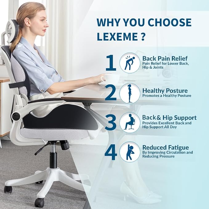Lexeme X Large Memory Foam Seat Cushion Lumbar Support Pillow for Sciatica & Tailbone Pressure Relief Coccyx Pad for Office Chair, Car,Wheelchair,Home,Office - Image 2