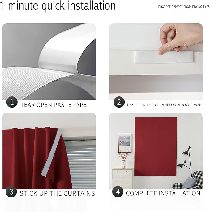 Self Adhesive Curtains, Stick Curtain Blackout Shades Window Cover Curtains for Living Room No Drilling, 35" W X 79" L, Burgundy, 1 Panel - Image 3