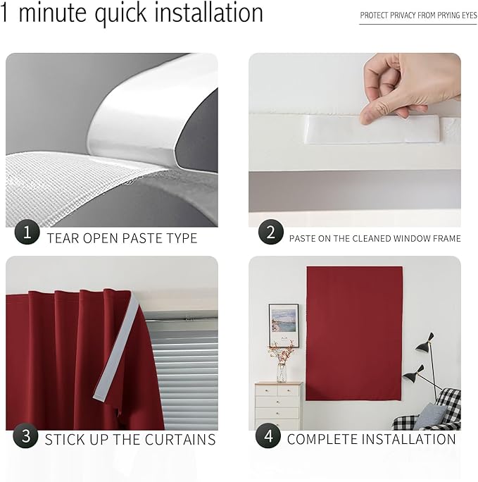 Self Adhesive Curtains, Stick Curtain Blackout Shades Window Cover Curtains for Living Room No Drilling, 59" W X 71" L, Burgundy, 1 Panel - Image 3