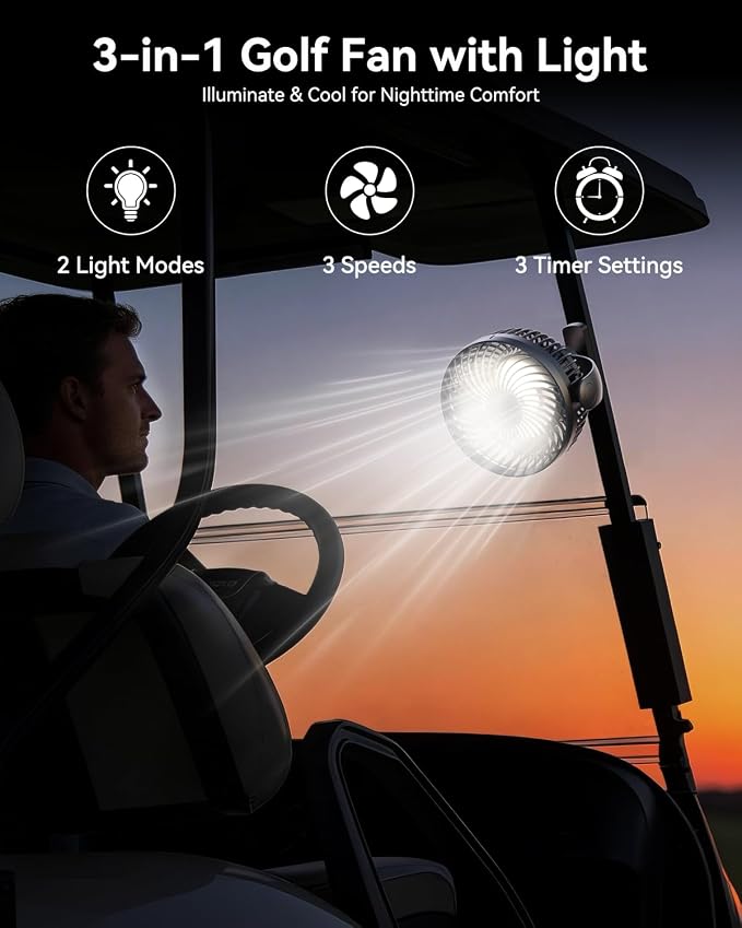 Magnetic Golf Cart Fan Rechargeable,10000mAH Battery Operated Portable Fan with 3 Speeds,30H Working Time,LED Lantern,360° Rotatable Head, Fits EZGO/Club Car/Golf Cart - Image 4