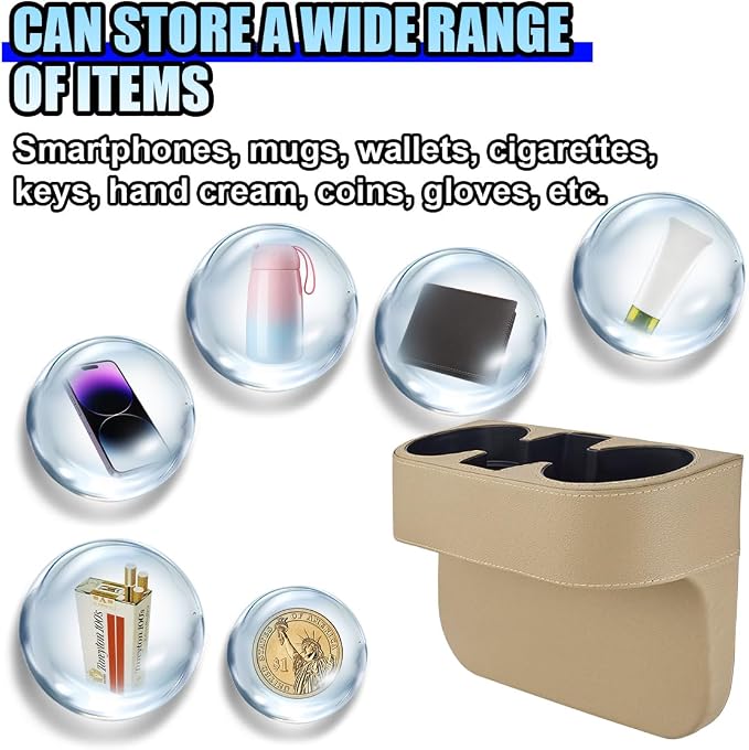 ZIMISI Car Cup Holder, Leather Front Console Gap Filler Organizer (Beige) | Car Seat Gap Filler Storage Box, Multifunctional Car Cup Drink Holder, Coin Bucket, Cell Mobile Phone Holder - Image 4