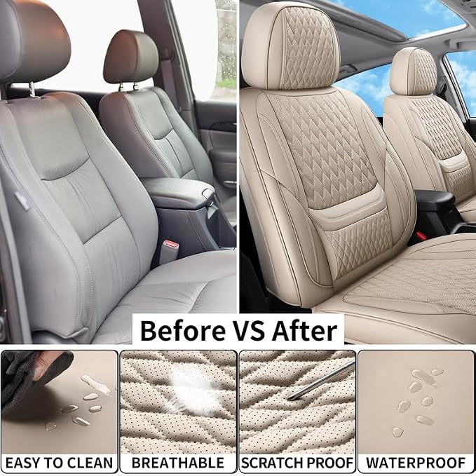 Car Seat Covers Full Set Custom Fit For Lexus IS250 2006-2015, Beige | Lumbar Support, Premium Faux Leather, Breathable, Anti-Slip, Airbag Compatible, Waterproof, Car Seat Protectors, 2 Row-5Seat - Image 5