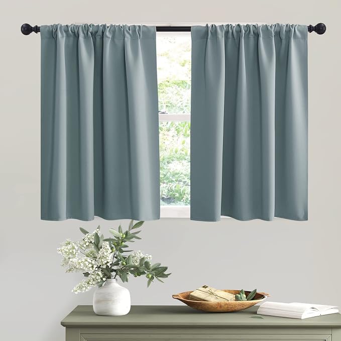 RYB HOME Short Dusty Blue Blackout Curtains for Small Bedroom Window Cafe | Thermal Insulating, UV Blocking, Privacy Protection, Drapes/Tiers for Basement Garage Bathroom, W42 x L36, 2 Panels by RYBHOME