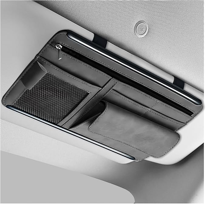 Car Sun Visor Organizer, Leather Sun Visor Pocket Organizer Case with Multi-Pocket Net Zipper, Suede Note Holder Car Visor Storage Pouch for Card Pen Sunglasses Document (Gray) by Unknown