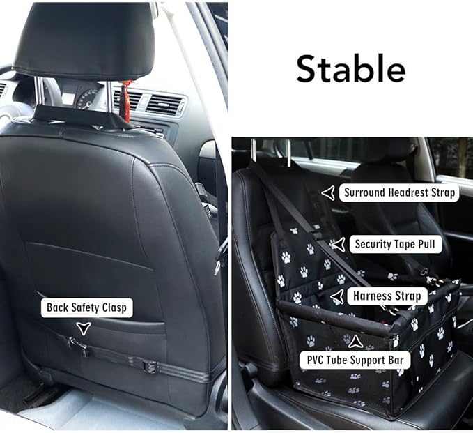 Petbobi Dog Car Seat for Small Dogs and Cats up to 15 lbs, Portable Booster | Black Paw Print, Water-resistant Oxford fabric, PVC Tubes, Folds Flat, Clip-on Leash Keeps Pups Secure and Drivers Focused - Image 3