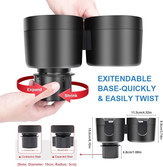 JINKEY Dual Cup Holder Expander for Car, 2 in 1 Multifunctional Large Car Cup Holder Expander Adapter with Adjustable Base, All Purpose Car Cup Holder for Bottles Cups Drinks Snack Organizer Grey - Image 3