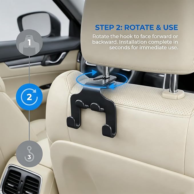 2PCS Car Seat Headrest Hooks, 2-in-1 Vehicle Backseat Hanger Organizer with Phone Holder, Automotive Seat Back Storage Holder Hook for Bag Purse Umbrella Purse, Universal Fit - Image 3
