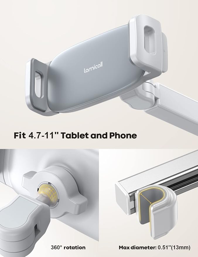 Lamicall Car Headrest Tablet Holder, 3 in 1 Extension Adjustable Arm | Tablet Car Mount for Back Seat, Road Trip Essentials for Kids, for 4.7-11" Devices, iPad Pro Air Mini, Galaxy, Fire HD, White - Image 6
