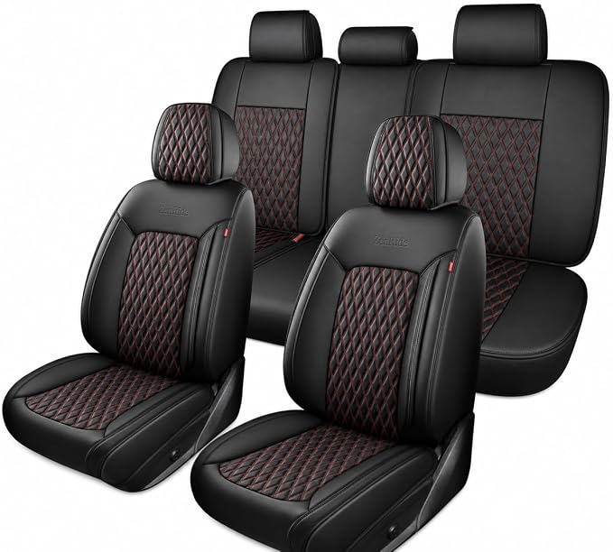 Red and Black Thick Nappa Leather Automotive Car Seat Covers Full Set | Univerasal Fit,3D Contoured,Waterproof,ThickTexture Nappa Leather,for most Suvs Trucks Sedans by ZenRideCarCare