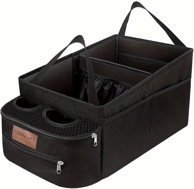 FUNNy elf Collapsible Car Backseat Organizer with 4 Cup Holders | Waterproof Oxford, Anti-slip Base, 6 Mesh Pocket & 1 Zipper Tissue Pocket, Passenger Seat Organizer for SUV, Truck, Sedan by FUNNy+elf