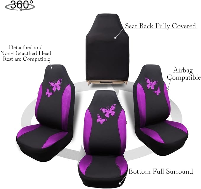 Flying Banner Butterfly car seat Covers ful Set Fashion Universal Lady Woman Female Rear Bench Split Colorized (2 Fronts, Purple) - Image 9