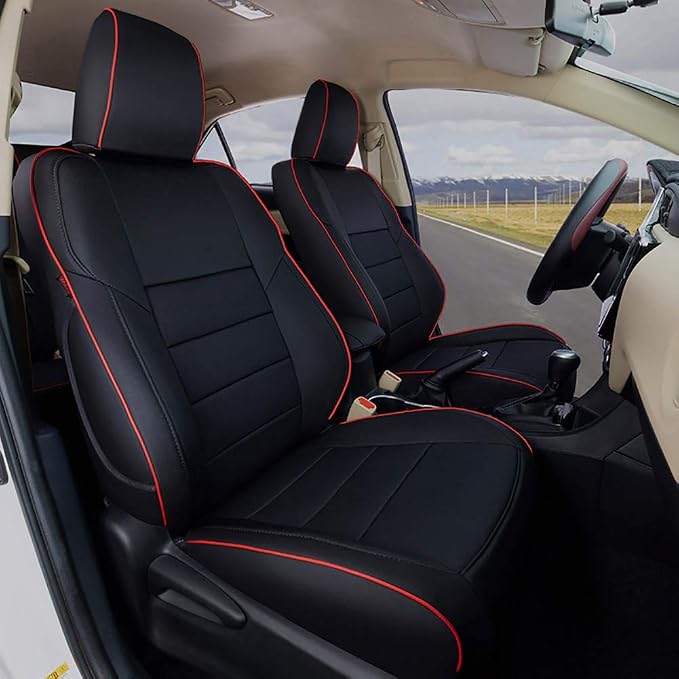 EKR Rav4 Seat Covers Custom Fit for Toyota Rav4 2016 2017 2018(Hybrid) LE,SE,XLE,Limited, Leather Car Seat Cover Full Set for SUV,Faux Leather(Black with Red Trim) by EKR