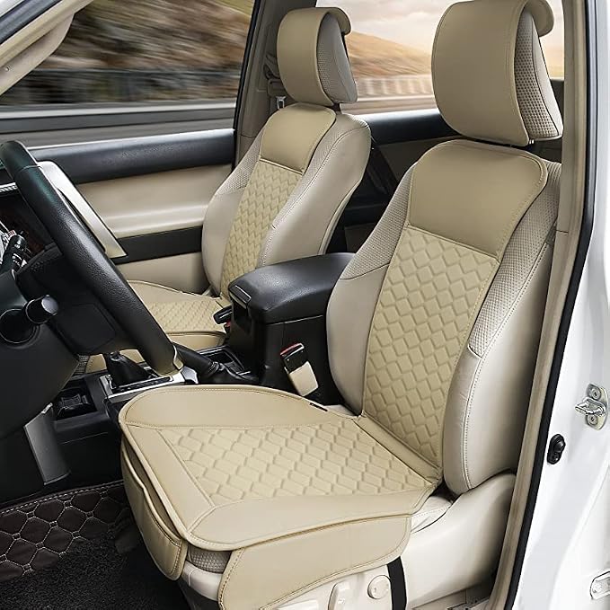 Elantrip Leather Car Seat Covers Front 2PC Waterproof Universal Fit Beige | Elegant beige diamond-quilted faux leather — waterproof, soft & easy to clean - Image 7