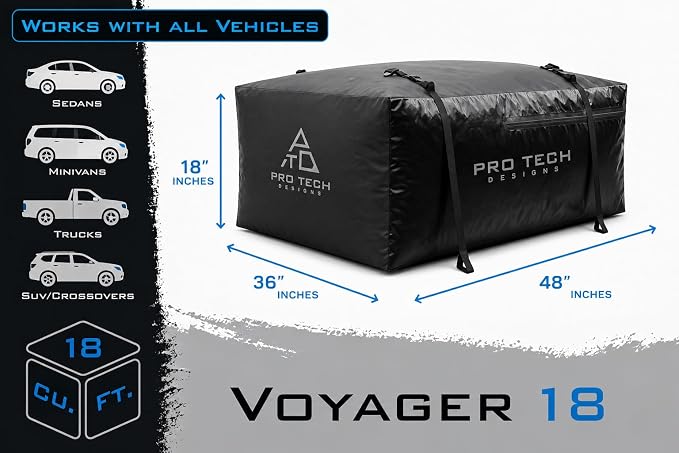 Voyager 18 Waterproof Rooftop Cargo Carrier Bag, 18 Cubic Feet Vehicle Roof Storage with Straps & Door Hooks, Heavy Duty Car Top Carrier for SUVs, Vans, RVs & Trucks, 48" x 36" x 18" - Image 4