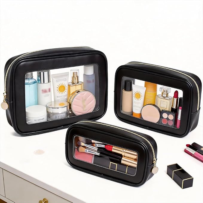 3-Piece Travel Clear Makeup Bag Set, Small Large Clear Cosemetic Bag with Makeup Brush Bag Waterproof Makeup Pouch with Zipper Toiletry Bags For Traveling Car Accessories for Women (Black Set) - Image 2