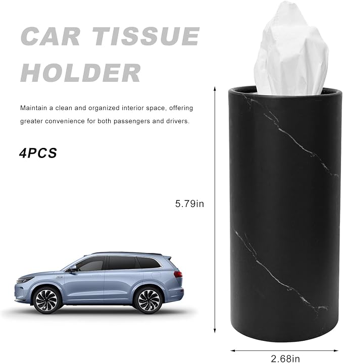 4 PCS Car Tissue Holder, Refillable Auto Cup Holder Napkin Tube Container with Facial Tissues, Portable Tissue Cylinder Box Paper Towel Organizer for Vehicle Office Home (Black) - Image 2
