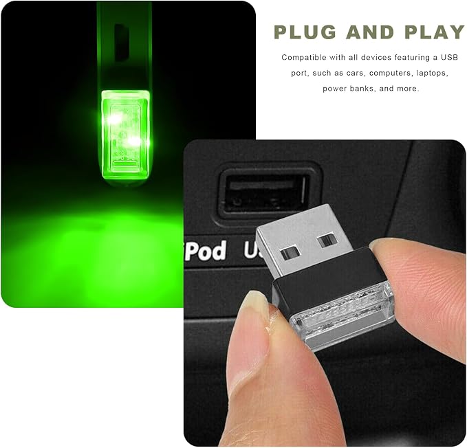 4 PCS USB LED Car Interior Atmosphere Lamp, Mini Night Light Plug-In Trunk Ambient Lighting Kit, Portable USB Interface LED Lamp Interior Decoration for Vehicle Home Office (Green) - Image 6