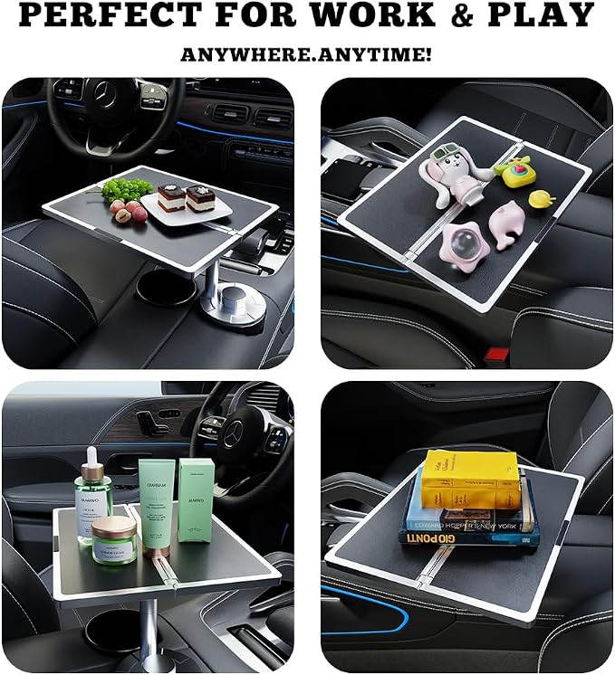 360° Rotating Leather Folding Cup Holder Table, Flodable Car Tray Laptop Desk, Steering Wheel Tray - Car Accessories for Women & Men,Fit Tesla Model Y/3/S, Ford F150 (Black) - Image 3