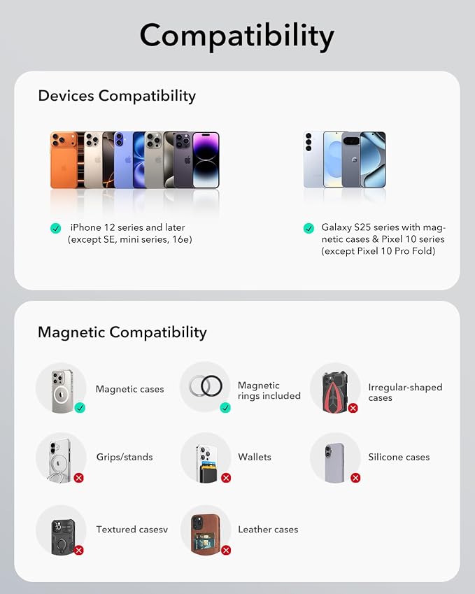 ESR for MagSafe Car Mount, 360° Rotation, for iPhone 17-12,Samsung/Google | Dashboard Magnetic Phone Holder for Car, Car Phone Holder Mount, Strong Magnets(with 2 Metal Rings), Not Charging Supported - Image 8