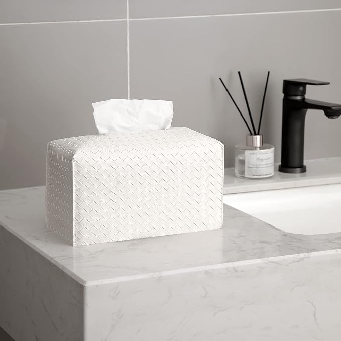 Tissue Box Cover Rectangle Leather Facial Paper Holder, White | PU Leather，Easy to Fill, Easy Clean, Decorative Cube Tissue Box Holder for Office, Bathroom,Kitchen, Living room, Guest room - Image 2