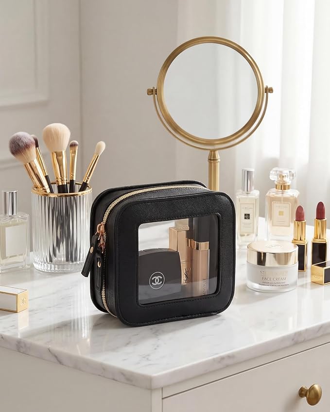 Small Makeup Bag for Purse Mini Cosmetics Bag Clear Cute Cosmetic Pouch for Women with Slip-in Pockets Car Bag for Essentials Accessories for Women Men Square Black - Image 2