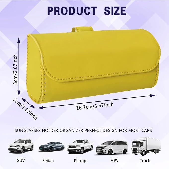 Sunglasses Holder for Car Sun Visor, Sunglass Organizer for Car, Magnetic Leather Eyeglasses Protective Storage Case, Waterproof Glasses Organizer Visor Accessories for Vehicles (Yellow) - Image 2