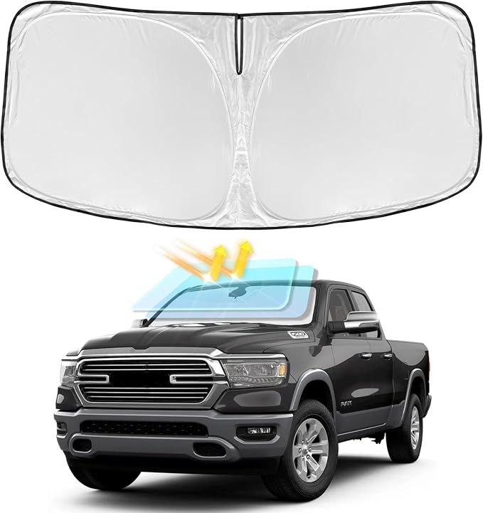 for Dodge Ram 1500 2011-2018 Windshield Sun Shade 4 Layers Car Sunshade | Front Windows Shade Cover Custom Fit Ram 1500 Sun Visor 250T Retractable Shade Blocks UV Rays Car Accessories by ZOIBVCARSUNSHADE