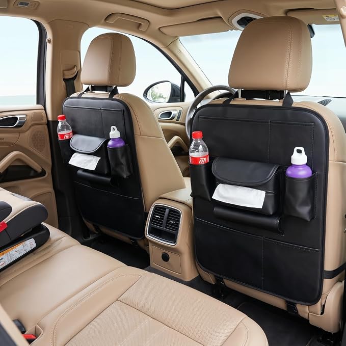 2 Pack PU Leather Premium Car SeatBack Organizer Travel Accessories Kick mats Back seat Protector and Cup Holder Holder Universal Use Seat Covers (23×17 in) - Image 9