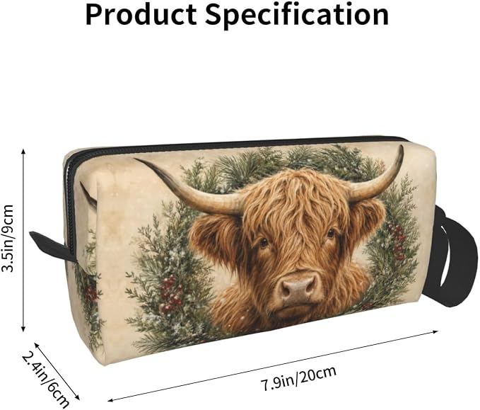 Highland Cow Evergreen Wreath Makeup Bag for Women, Cosmetic Pouch | Double-Sided Highland Cow Wreath Cosmetic Organizer with Foam Padding for Women, Travel, Gym, School, and Daily Storage - Image 3