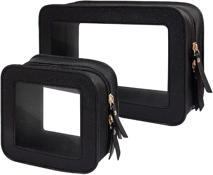 2 Pcs Travel Clear Makeup Bag Set, Clear Black Makeup Organizer with Zipper Leather Travel Bags for Toiletries Small Cosmetic Bags for Women Mini Make up Pouch Toiletry Bags Car Essentials by FFpaw