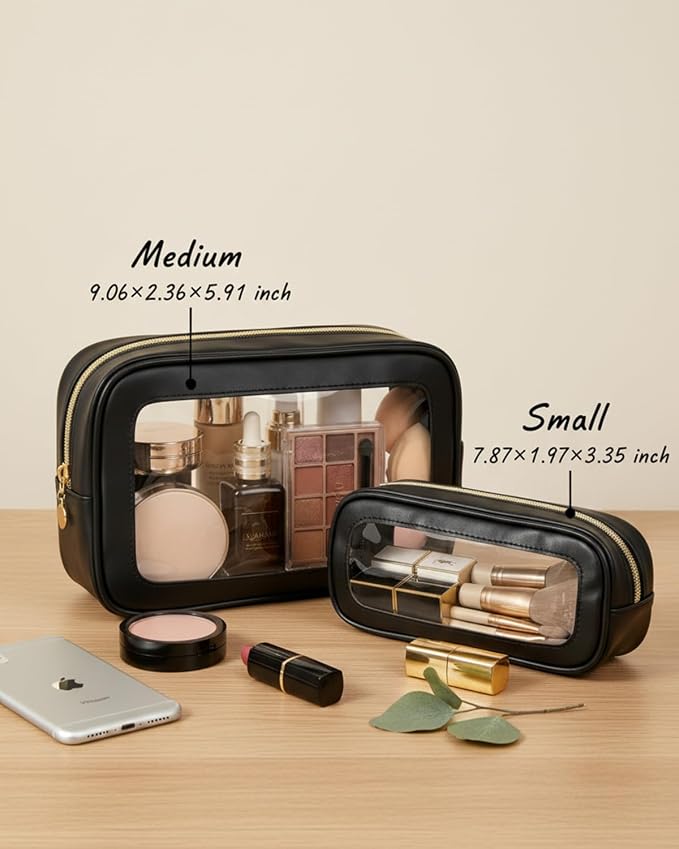 2Pcs Clear Makeup Bags Set, Clear Travel Makeup Brush Holder Leather Makeup Case Toiletry Bag with Zipper Portable Cosmetic Pouch Waterproof Makeup Brush Storage Bag Car Bag for Essentials - Image 5