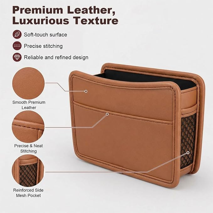 Car Seat Side Pocket Organizer, Leather Sewn Multifunctional Automotive Trash Bag, Small Vehicle Door Pouch for Cell Phone, Key, Wallet, Sunglasses (Brown) - Image 3