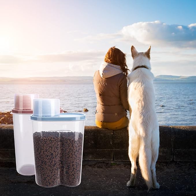 2 Pack 2lb/2.5L Pet Food Storage Container with Measuring Cup, Can Covers and Bowl for Small Dog, Cat, Waterproof-BPA Free (Blue and Pink) - Image 7