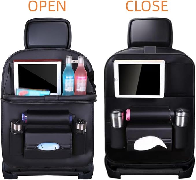 Upgraded Car Back Seat Organizer with Foldable Table Tray Tissue Holder Backseat Car Organizer Kick Mats Back Seat Protector for Kids (tray black 2 pcs) - Image 2